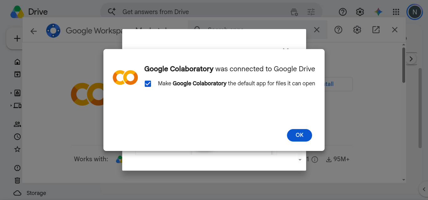Le message Google Colaboratory a été connecté à Google Drive, avec la case application par défaut cochée et le bouton OK