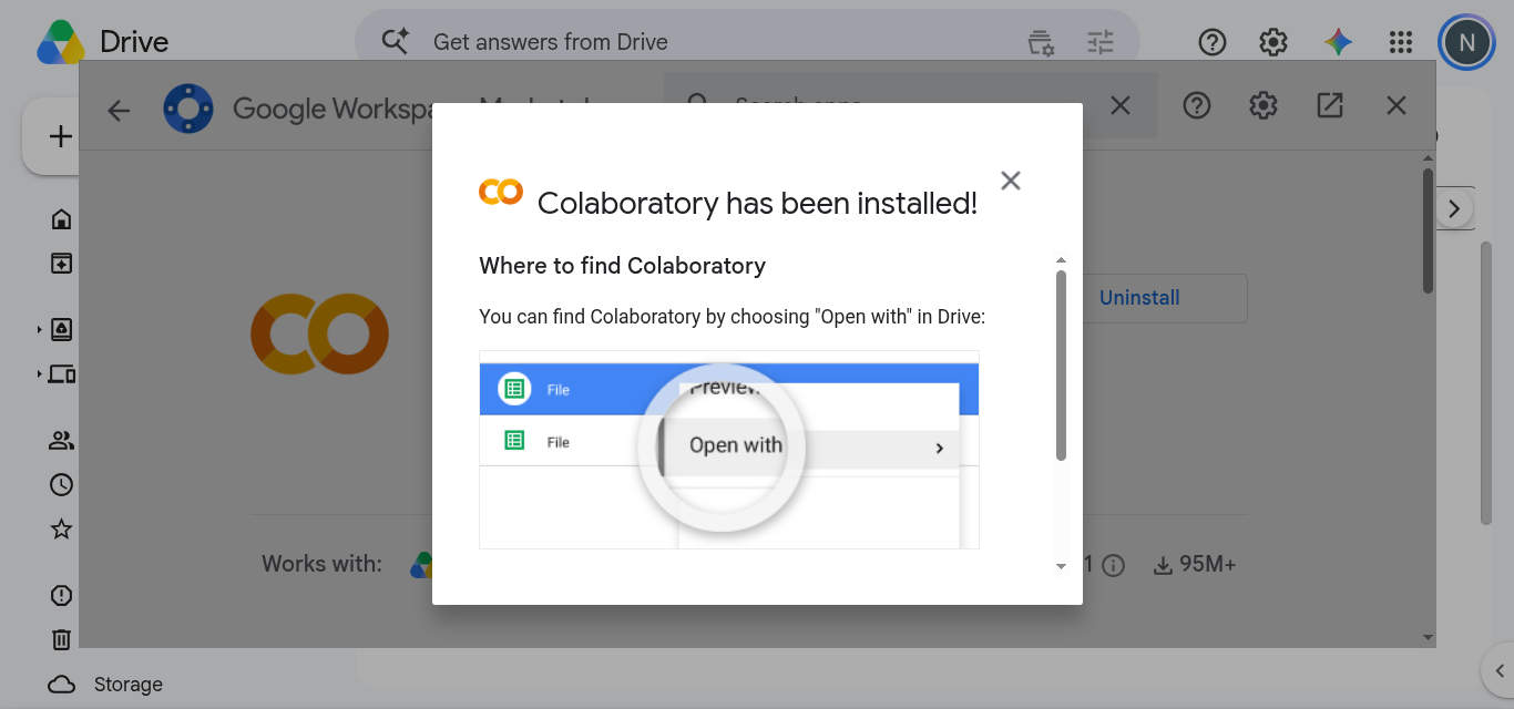La fenêtre Colaboratory has been installed, qui montre le menu Ouvrir avec de Google Drive