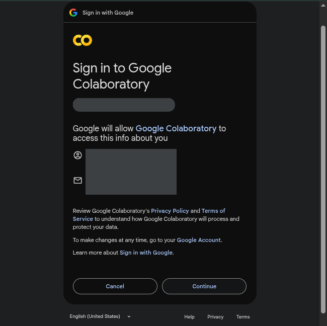 La fenêtre Se connecter à Google Colaboratory, avec le compte choisi masqué et les boutons Annuler et Continuer