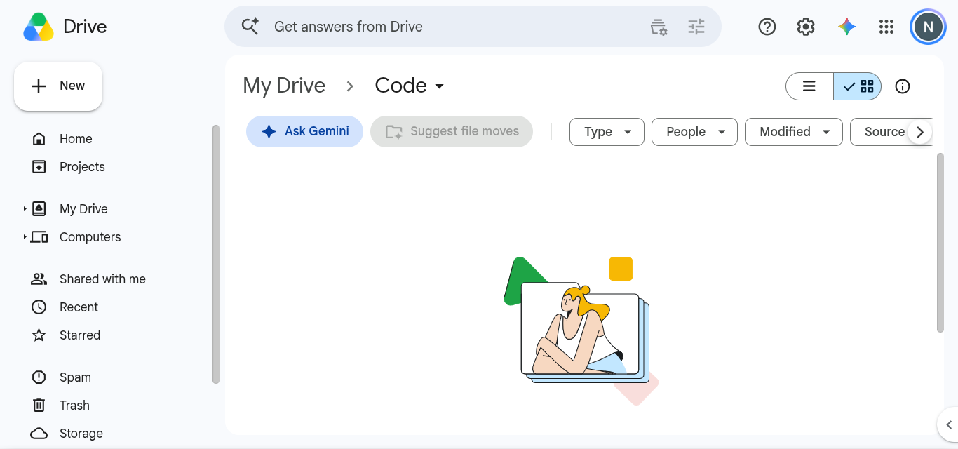 Google Drive ouvert sur le dossier du cours, encore vide, avec le bouton Nouveau en haut à gauche
