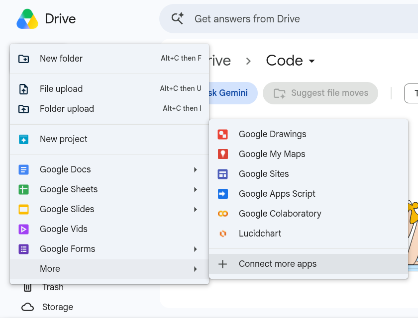 Le menu Nouveau de Google Drive ouvert sur le sous-menu Plus, avec l'option Connecter d'autres applications en surbrillance