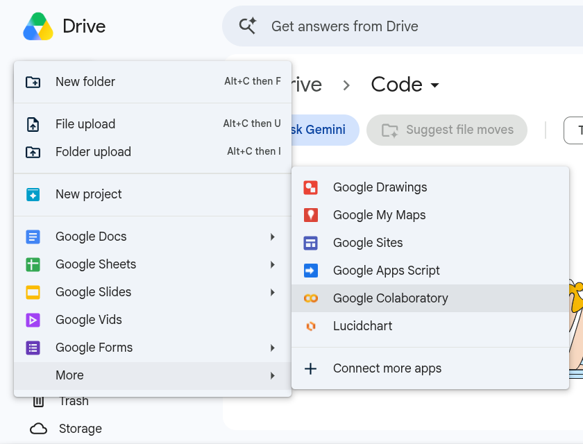 Le menu Nouveau de Google Drive ouvert sur le sous-menu Plus, avec Google Colaboratory en surbrillance