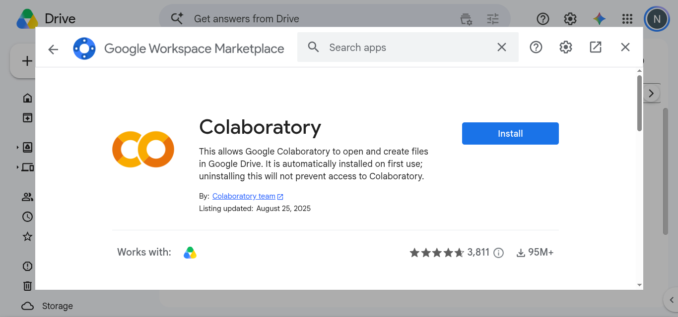 La fiche Colaboratory du Marketplace avec le bouton Installer à droite