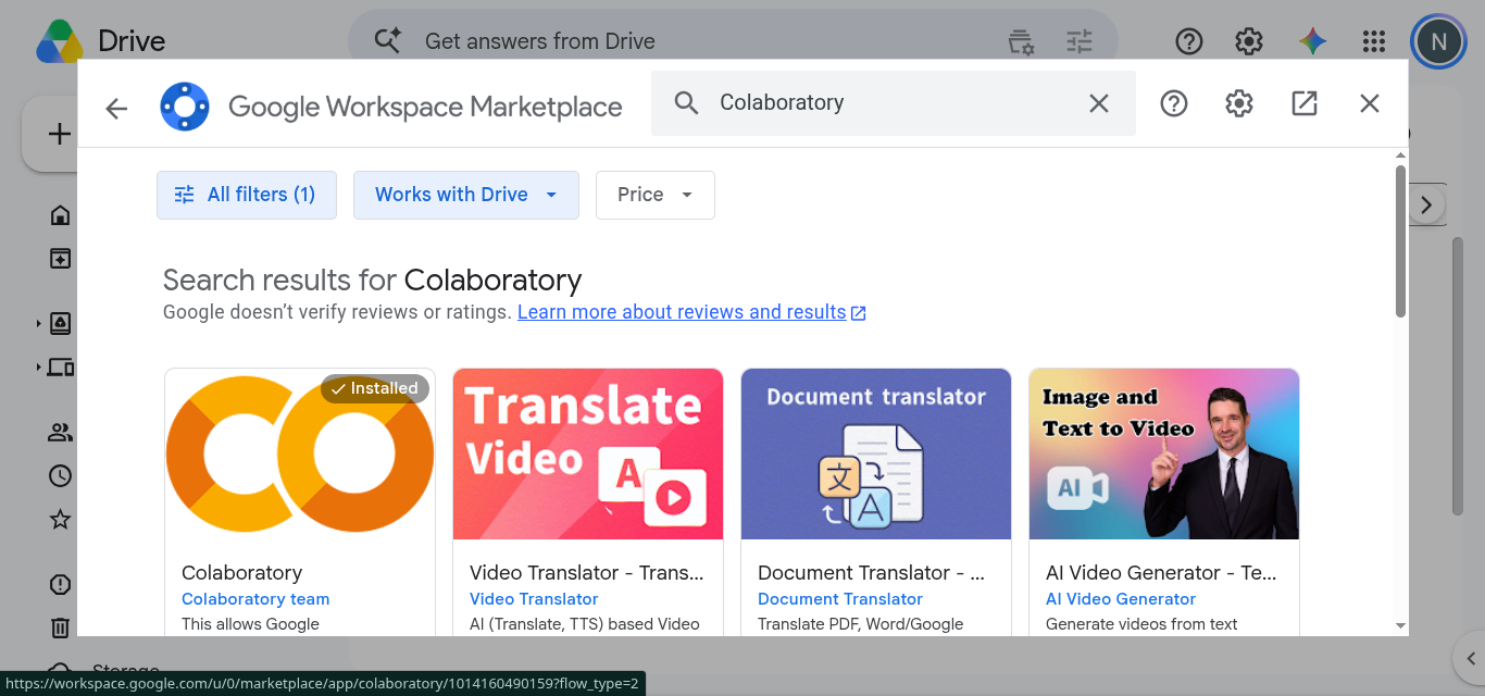 Les résultats de recherche du Google Workspace Marketplace pour Colaboratory, la première tuile porte le logo orange CO