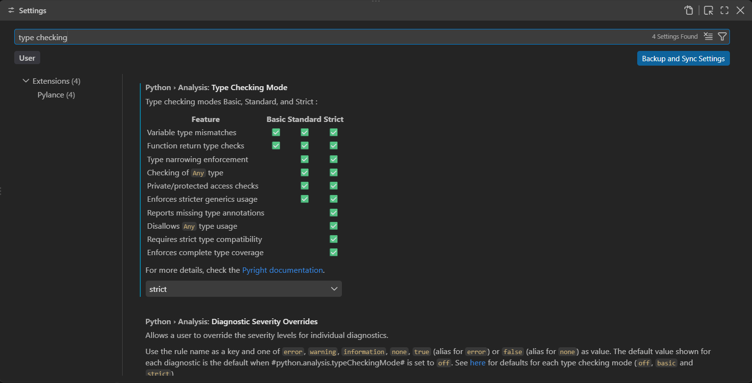 La fenêtre Settings de Visual Studio Code avec la recherche type checking et le réglage Type Checking Mode sur strict