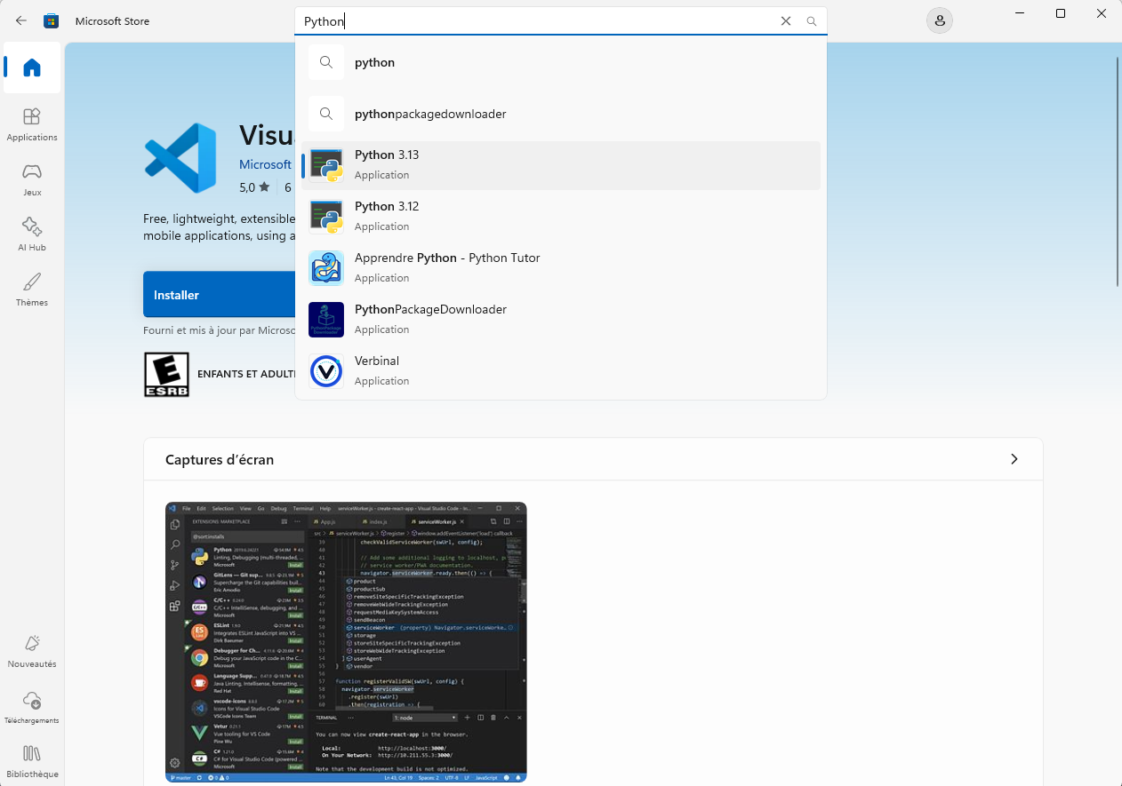 La recherche de Python dans le Microsoft Store
