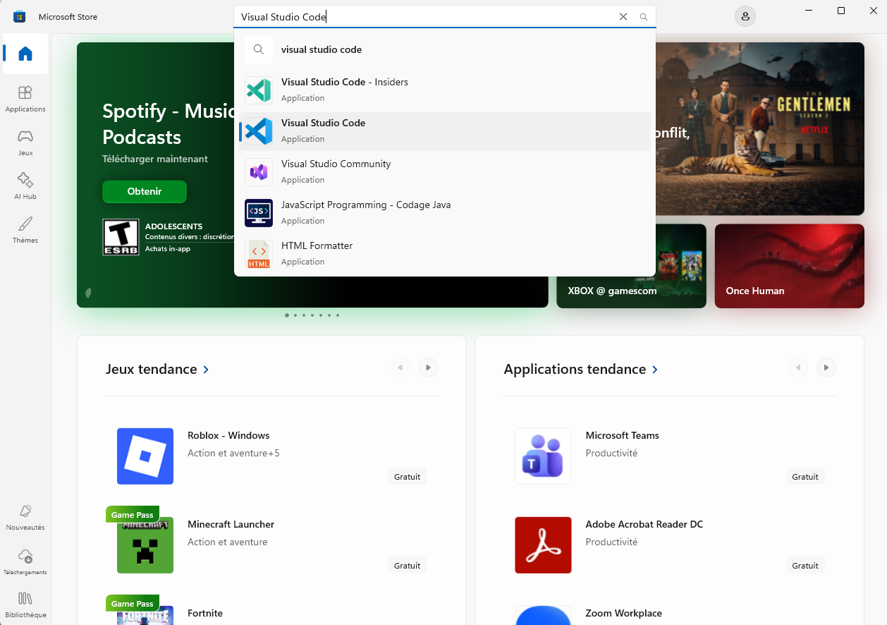 La barre de recherche du Microsoft Store affichant les résultats pour Visual Studio Code