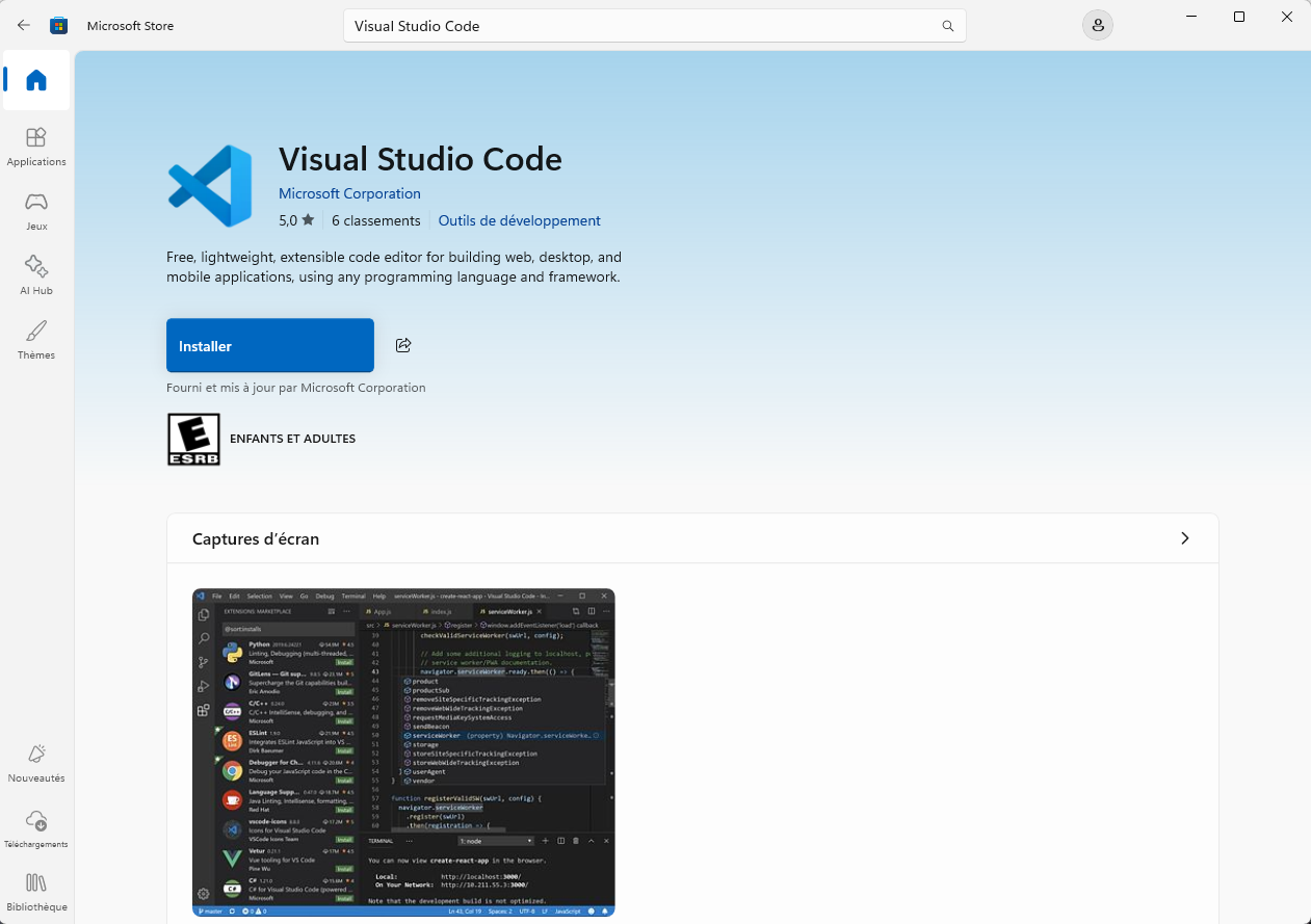 La page de Visual Studio Code dans le Microsoft Store, avec le bouton Installer