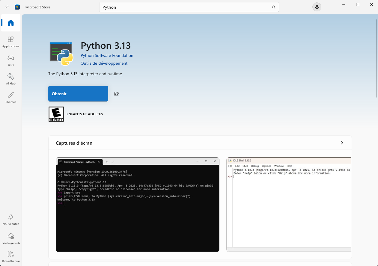 La page de Python dans le Microsoft Store, avec le bouton Obtenir