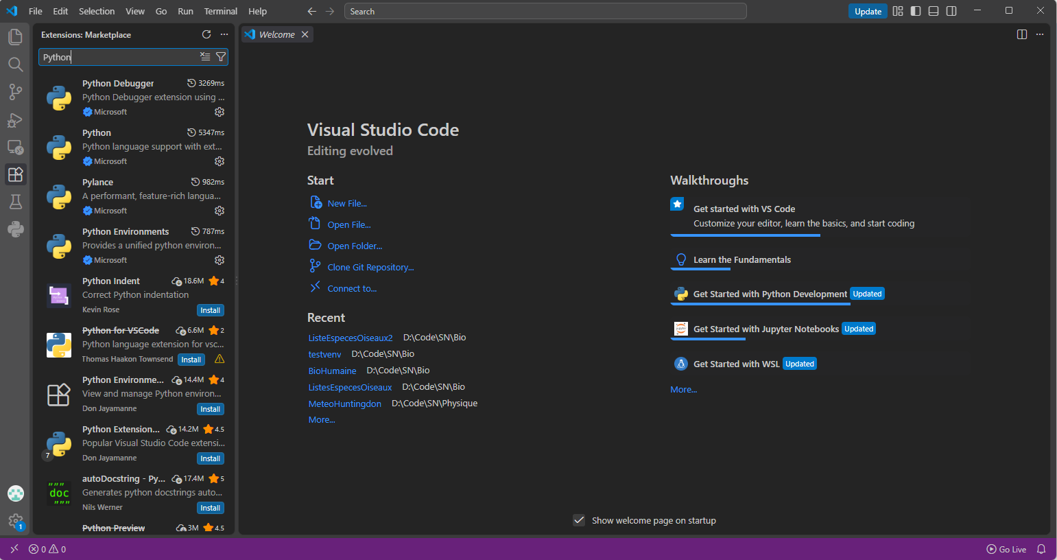 La recherche de l'extension Python dans Visual Studio Code