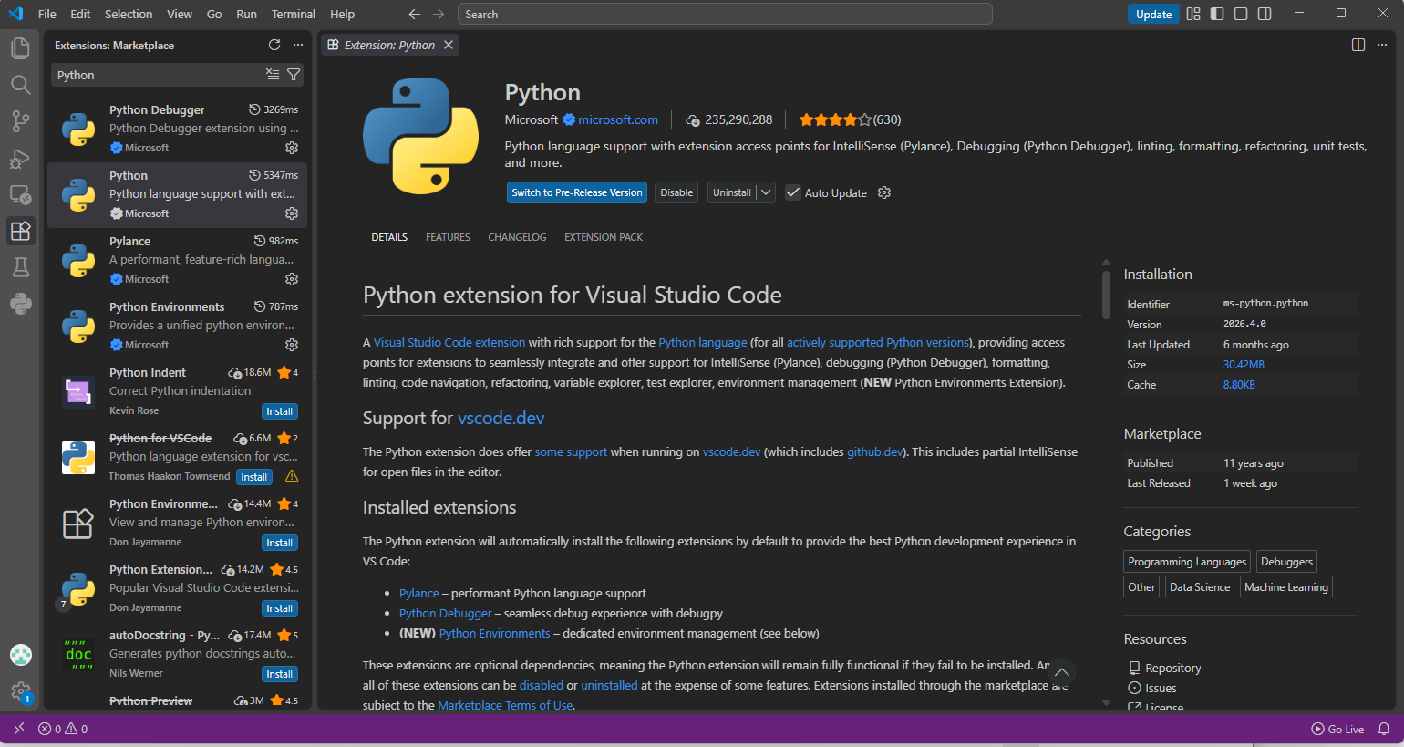 La page de l'extension Python dans Visual Studio Code, avec le bouton Installer