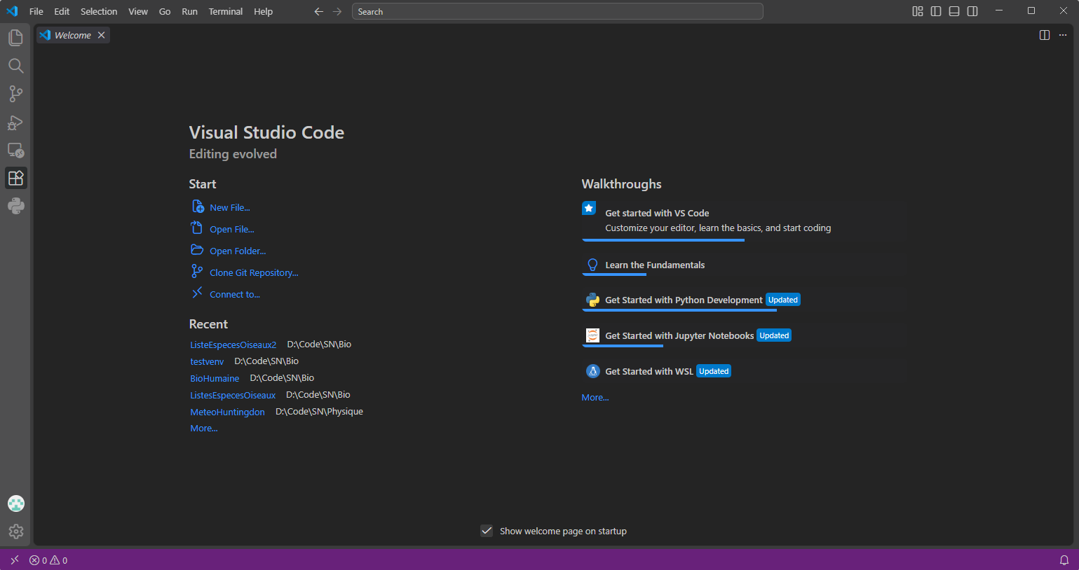 La fenêtre de Visual Studio Code, avec le bouton Extensions dans la colonne de gauche